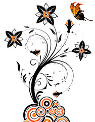 Flower background with butterfly and circle, vector illustration