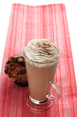 tall cup of fresh coffee latte cappucino and chocolate muffin on