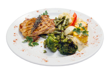 Grilled steak with french fries and broccoli