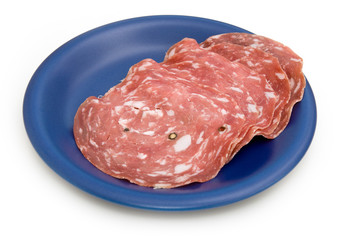 Salami sopressa on a blue plate