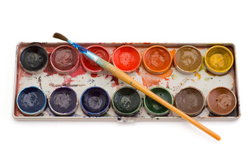 watercolours paint with brush isolated on white