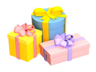 Three bright boxes with the gifts, fastened by tapes