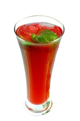 Red strawberry drink–cocktail with flower on white background