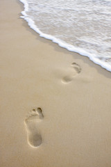 Footprints on beach and wave