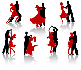 Silhouettes of the pairs dancing ballroom dances.  - obrazy, fototapety, plakaty