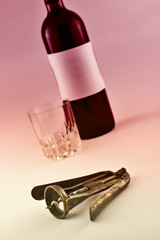 Wine bottle and metal corkscrew
