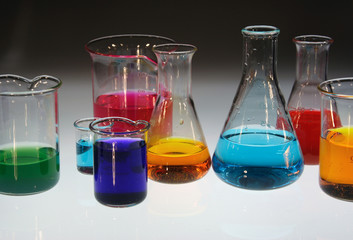 Beaker and conical flask with various colored sample