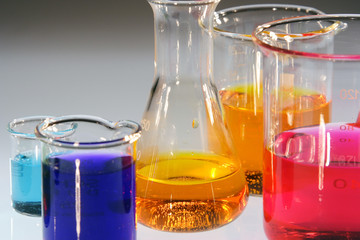 Beaker and conical flask with various colored sample