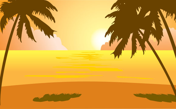 Sunset on tropical beach - 2. Orange palms on ibiza beach
