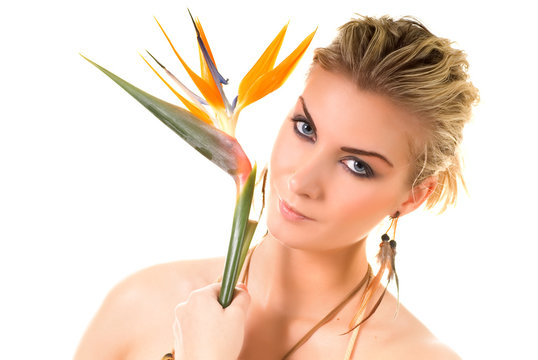 Beautiful woman with bird of paradise floser 