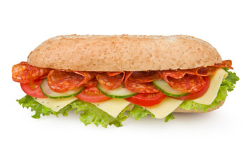 Fresh deli-style salami sandwich isolated on white