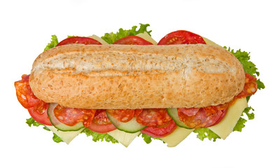 Hot Calabrese Salami Sub, top view, isolated on white