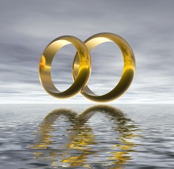 Wedding rings in ocean. 3D image