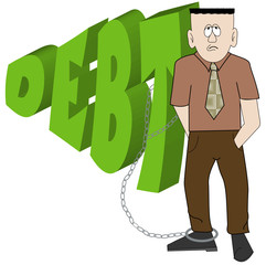 cartoon of business man chained to his debt - financial woes