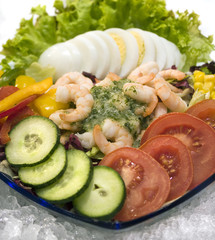 Prawn salad and eggs closeup