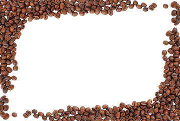 frame of red brown coffee beans on white