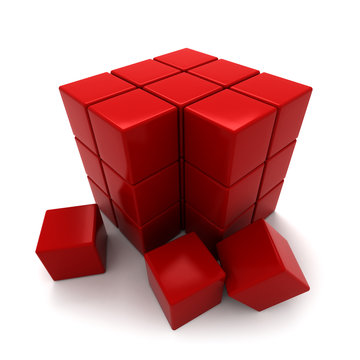 red blocks in the process of creating a big cube