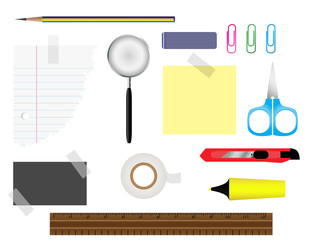 Stationery set with various writing equipment.