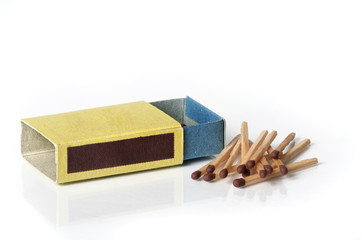A matchbox with loose matches on white background