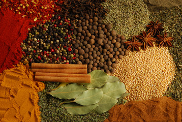 Spices and herbs assortment, top view