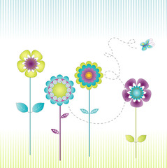 Retro flowers in the meadow on a striped background