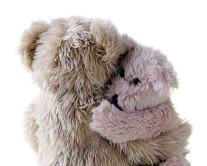 a large teddy bear hugs a smaller one, isolated on white