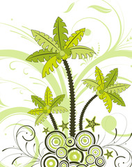 Fototapeta na wymiar Summer background with palm tree, starfish, flower, vector