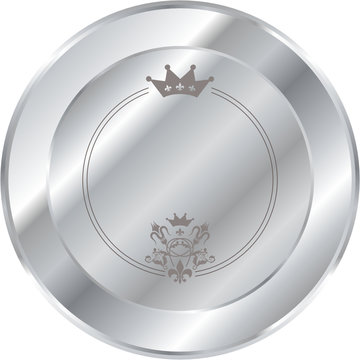 Shiny silver button with a crown and beveled edges