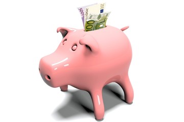 pink pig coin box with euro on the white background