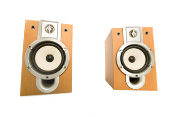 wooden audio speakers on white background