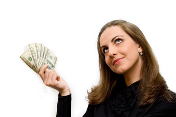Beautiful business woman holding money and smiling