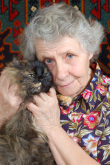 grandmother sitting with cat on her hands