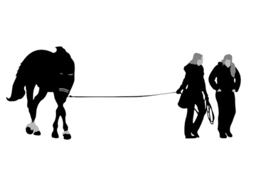 two girls walking horse silhouette