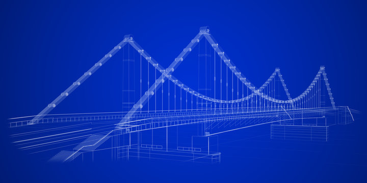 Fototapeta 3d wireframe render of a bridge in blue