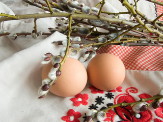 Celebratory easter still-life on the embroidered towel 