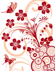 Flower background with butterfly and circle, vector illustration