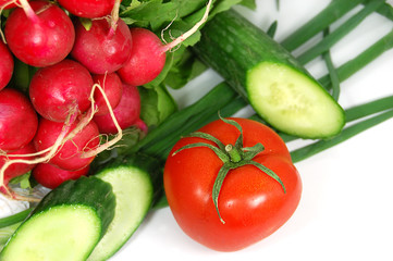 radish, green onion, cucumber, tomato isolated on white