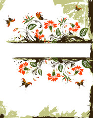 Grunge paint flower background with butterfly, vector