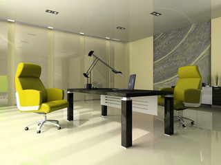 Interior of the modern office with two green armchairs