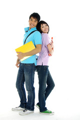 2 Asian young woman and standing with book and bags