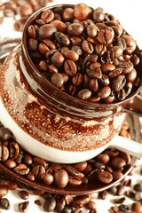 Cup of coffee beans on white