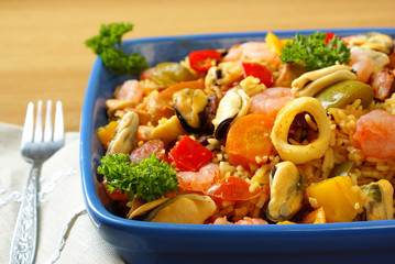 Paella with seafood, chicken and chorizo