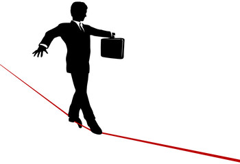 Business Man Balance Risk on High Wire Tightrope
