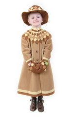 little girl in brown hat and coat with muff