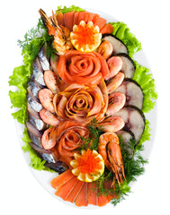 seafood in assortment on the dish