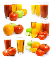 Fresh fruits vegetables and juice in glass isolated