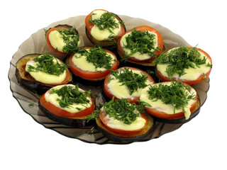 Sandwich plate with aubergine, tomato and fennel