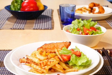 French fries and chicken