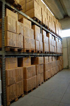 warehouse,boxes on shelfs