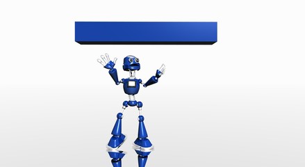 blue robot with banner